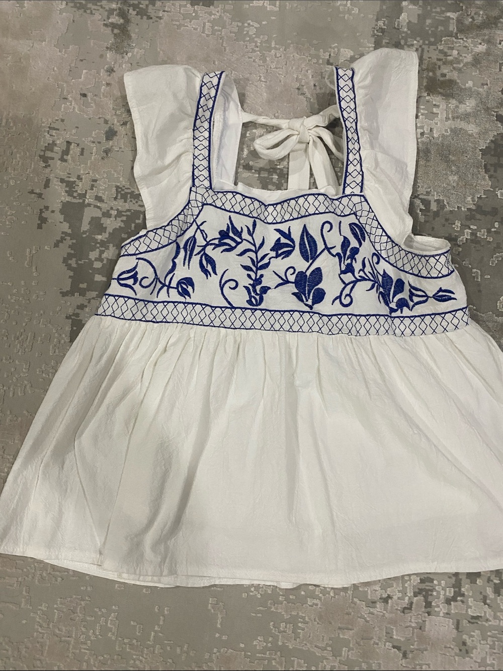White Cotton Tank Top with Blue Floral Embroidery